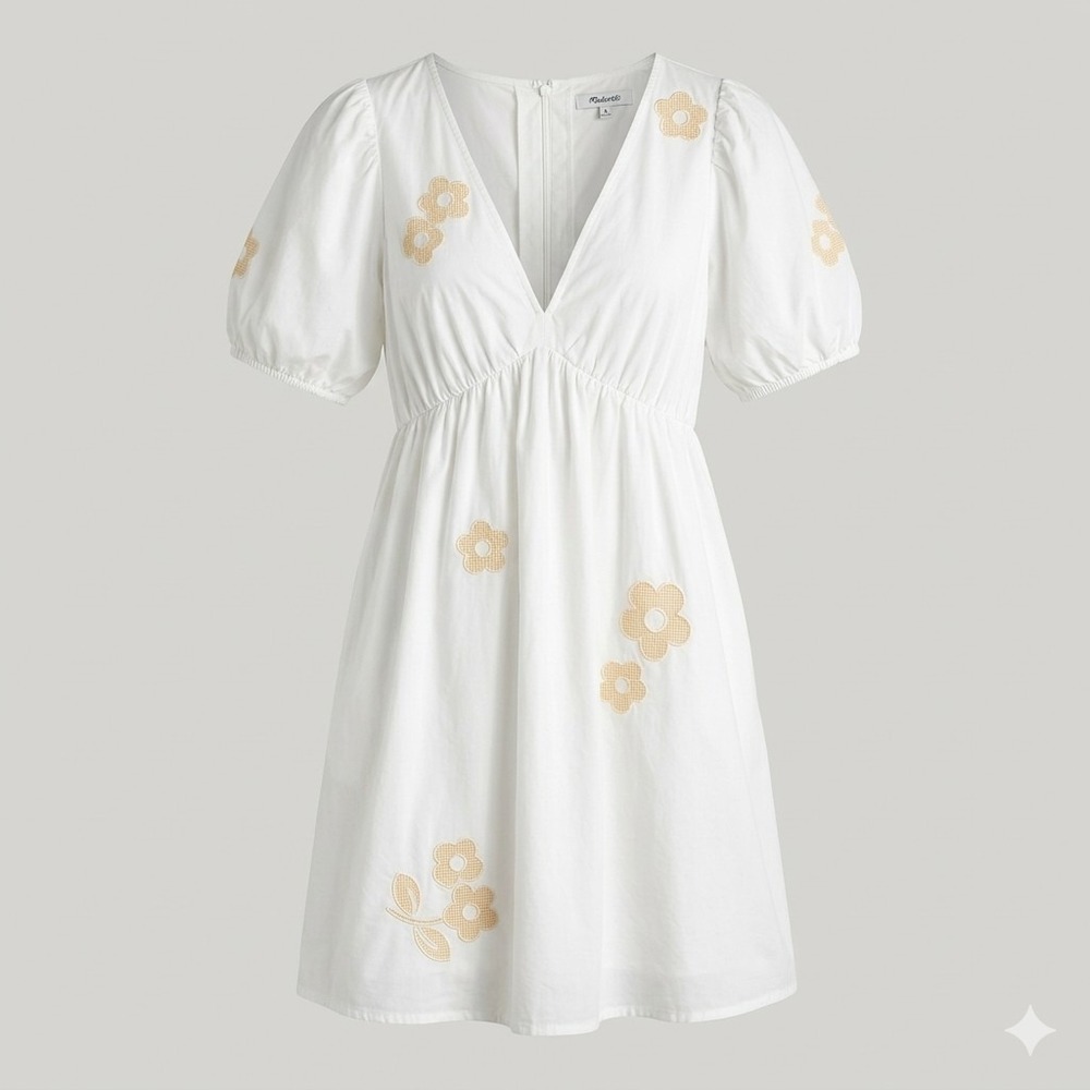 Madewell Annamarie White Puff Slee Mini Dress 100% Cotton Floral Women's Size 10 - Picture 9 of 9